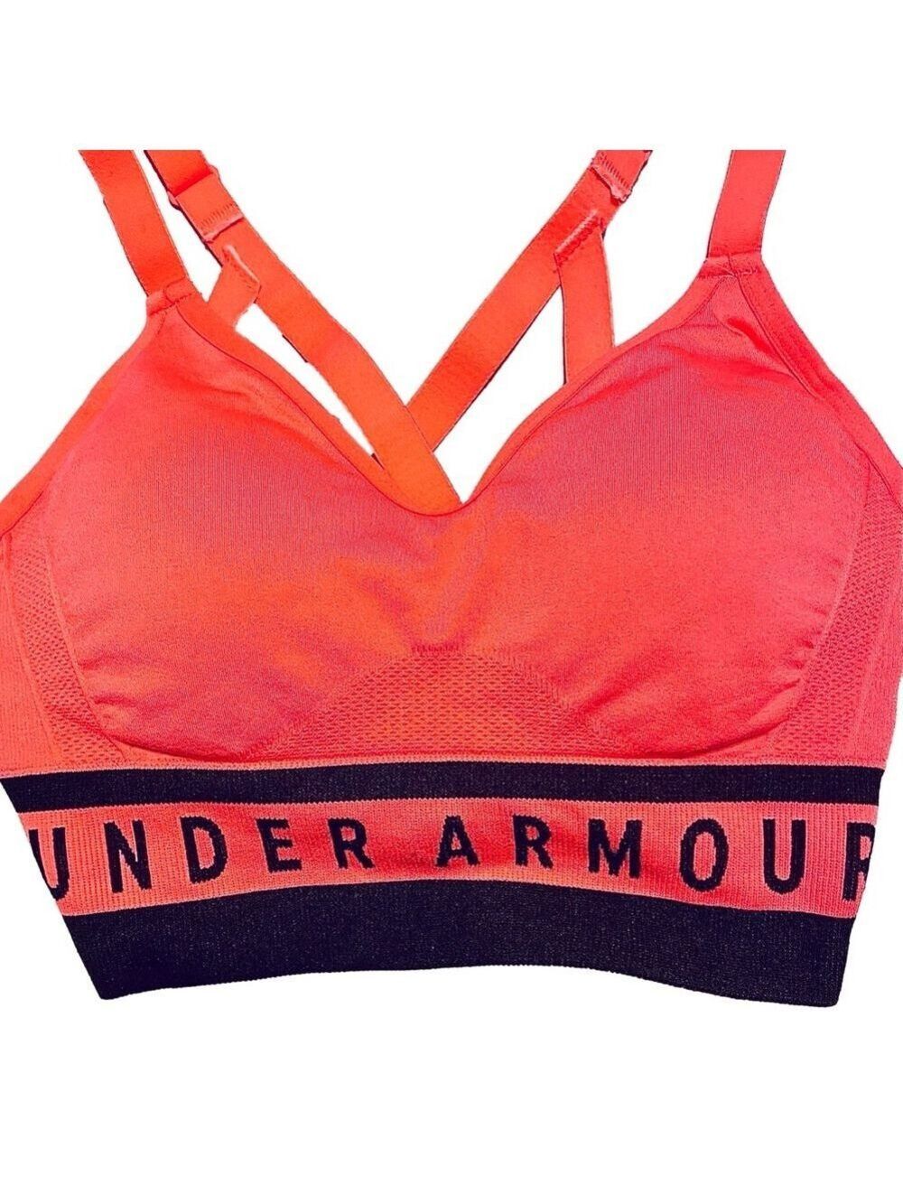 Neon Hot Pink and Black Under Armour Low Impact Seamless Longline Sports Bra XS - Picture 3 of 12